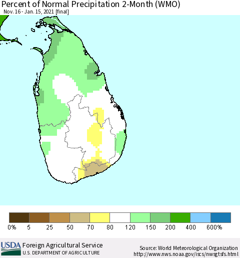 Sri Lanka Percent of Normal Precipitation 2-Month (WMO) Thematic Map For 11/16/2020 - 1/15/2021