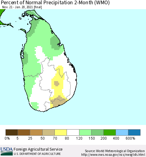 Sri Lanka Percent of Normal Precipitation 2-Month (WMO) Thematic Map For 11/21/2020 - 1/20/2021
