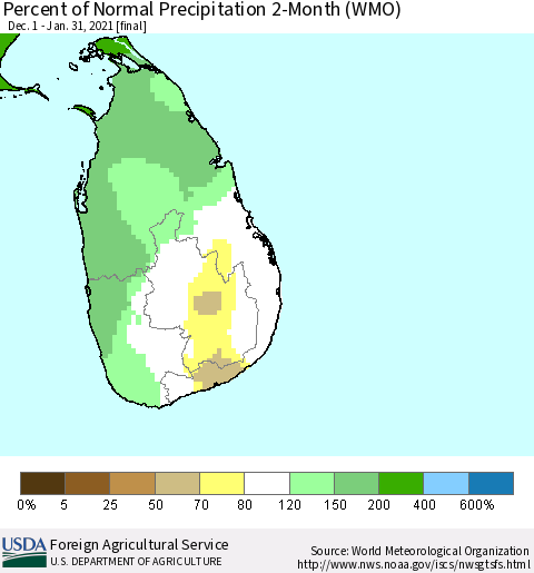 Sri Lanka Percent of Normal Precipitation 2-Month (WMO) Thematic Map For 12/1/2020 - 1/31/2021
