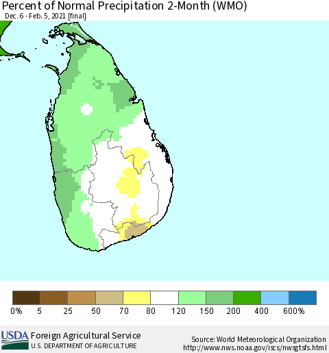 Sri Lanka Percent of Normal Precipitation 2-Month (WMO) Thematic Map For 12/6/2020 - 2/5/2021