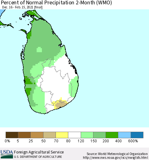 Sri Lanka Percent of Normal Precipitation 2-Month (WMO) Thematic Map For 12/16/2020 - 2/15/2021