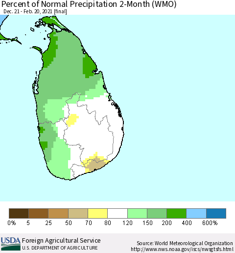 Sri Lanka Percent of Normal Precipitation 2-Month (WMO) Thematic Map For 12/21/2020 - 2/20/2021