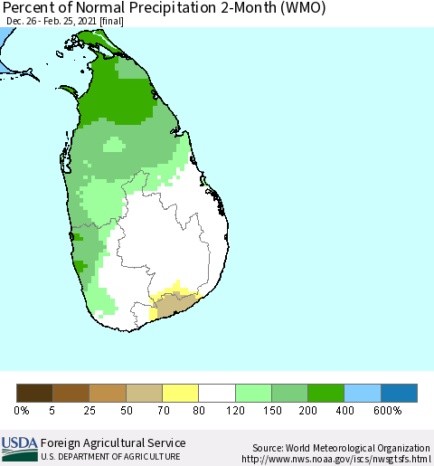 Sri Lanka Percent of Normal Precipitation 2-Month (WMO) Thematic Map For 12/26/2020 - 2/25/2021