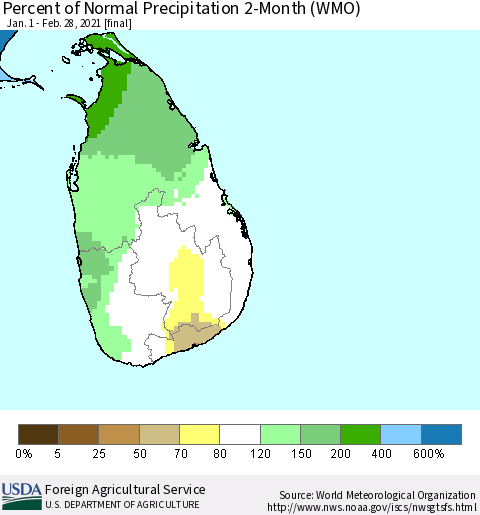 Sri Lanka Percent of Normal Precipitation 2-Month (WMO) Thematic Map For 1/1/2021 - 2/28/2021