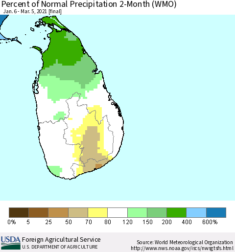 Sri Lanka Percent of Normal Precipitation 2-Month (WMO) Thematic Map For 1/6/2021 - 3/5/2021
