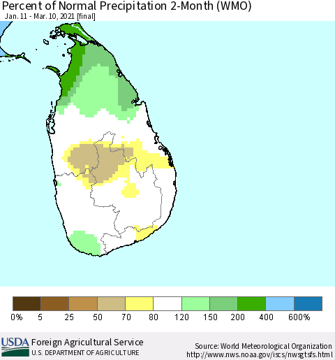 Sri Lanka Percent of Normal Precipitation 2-Month (WMO) Thematic Map For 1/11/2021 - 3/10/2021