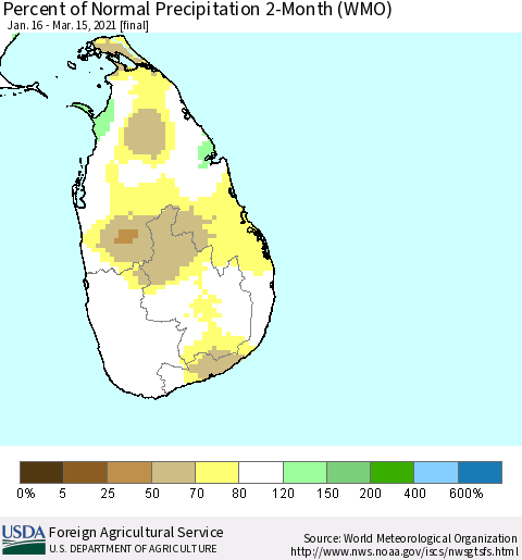 Sri Lanka Percent of Normal Precipitation 2-Month (WMO) Thematic Map For 1/16/2021 - 3/15/2021