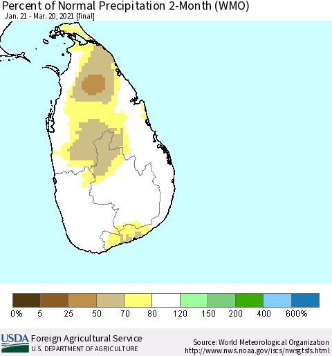 Sri Lanka Percent of Normal Precipitation 2-Month (WMO) Thematic Map For 1/21/2021 - 3/20/2021