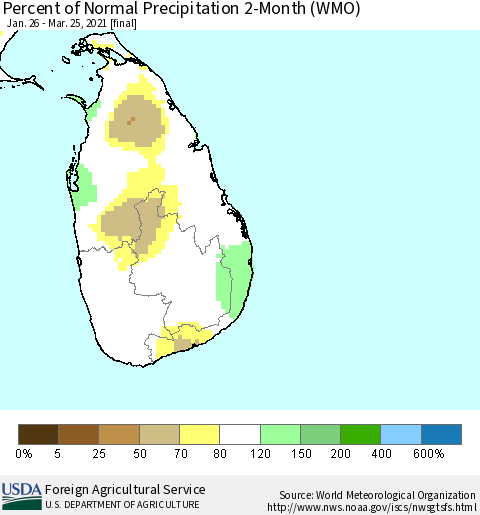 Sri Lanka Percent of Normal Precipitation 2-Month (WMO) Thematic Map For 1/26/2021 - 3/25/2021