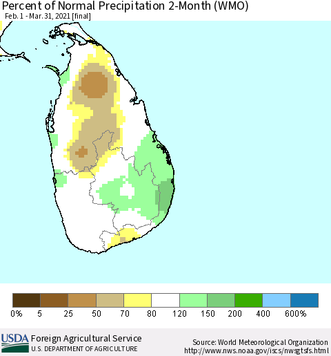 Sri Lanka Percent of Normal Precipitation 2-Month (WMO) Thematic Map For 2/1/2021 - 3/31/2021