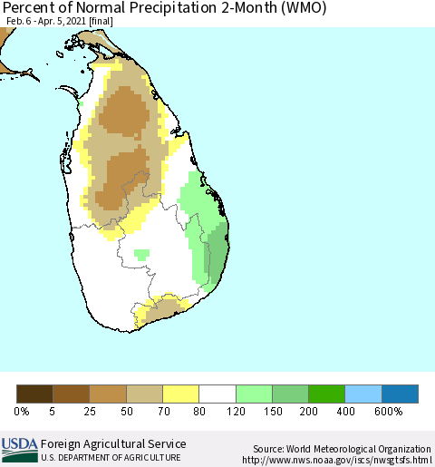 Sri Lanka Percent of Normal Precipitation 2-Month (WMO) Thematic Map For 2/6/2021 - 4/5/2021