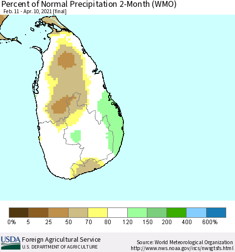 Sri Lanka Percent of Normal Precipitation 2-Month (WMO) Thematic Map For 2/11/2021 - 4/10/2021