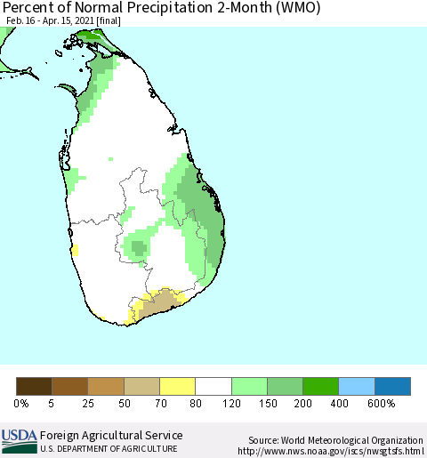Sri Lanka Percent of Normal Precipitation 2-Month (WMO) Thematic Map For 2/16/2021 - 4/15/2021