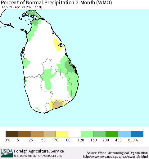 Sri Lanka Percent of Normal Precipitation 2-Month (WMO) Thematic Map For 2/21/2021 - 4/20/2021