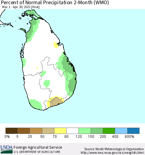 Sri Lanka Percent of Normal Precipitation 2-Month (WMO) Thematic Map For 3/1/2021 - 4/30/2021