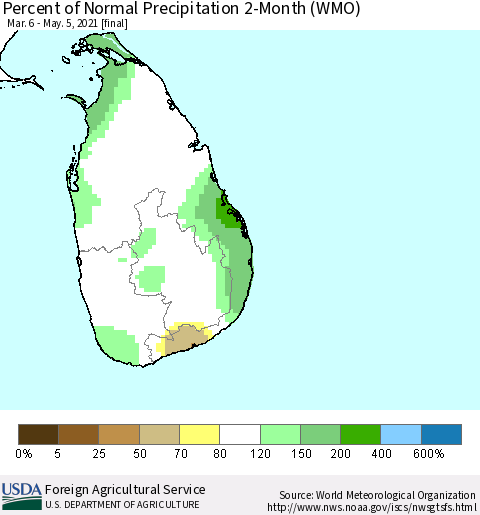 Sri Lanka Percent of Normal Precipitation 2-Month (WMO) Thematic Map For 3/6/2021 - 5/5/2021