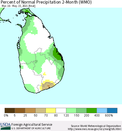 Sri Lanka Percent of Normal Precipitation 2-Month (WMO) Thematic Map For 3/16/2021 - 5/15/2021