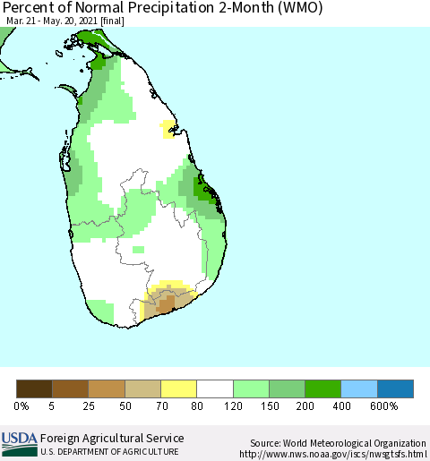 Sri Lanka Percent of Normal Precipitation 2-Month (WMO) Thematic Map For 3/21/2021 - 5/20/2021