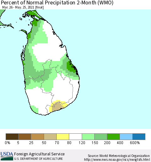 Sri Lanka Percent of Normal Precipitation 2-Month (WMO) Thematic Map For 3/26/2021 - 5/25/2021