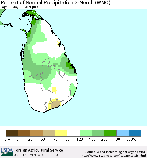 Sri Lanka Percent of Normal Precipitation 2-Month (WMO) Thematic Map For 4/1/2021 - 5/31/2021