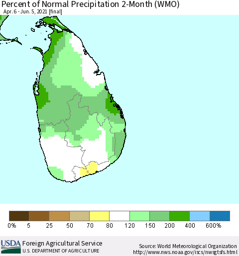 Sri Lanka Percent of Normal Precipitation 2-Month (WMO) Thematic Map For 4/6/2021 - 6/5/2021