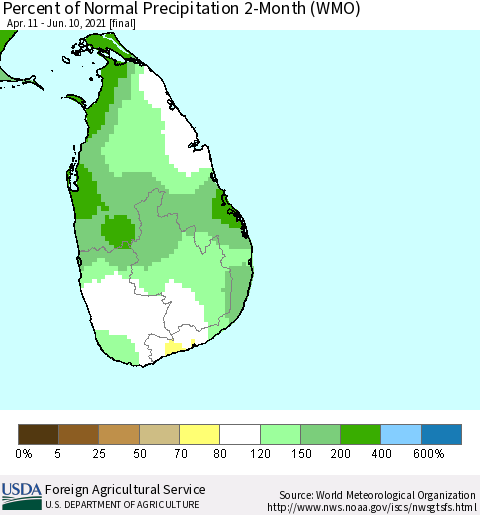 Sri Lanka Percent of Normal Precipitation 2-Month (WMO) Thematic Map For 4/11/2021 - 6/10/2021