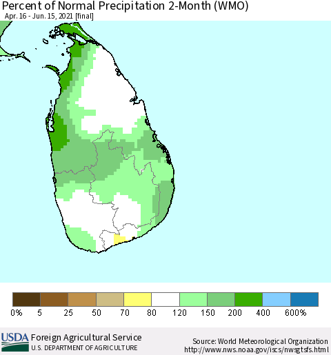 Sri Lanka Percent of Normal Precipitation 2-Month (WMO) Thematic Map For 4/16/2021 - 6/15/2021