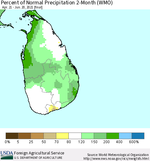 Sri Lanka Percent of Normal Precipitation 2-Month (WMO) Thematic Map For 4/21/2021 - 6/20/2021