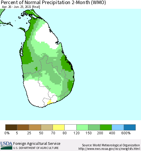 Sri Lanka Percent of Normal Precipitation 2-Month (WMO) Thematic Map For 4/26/2021 - 6/25/2021