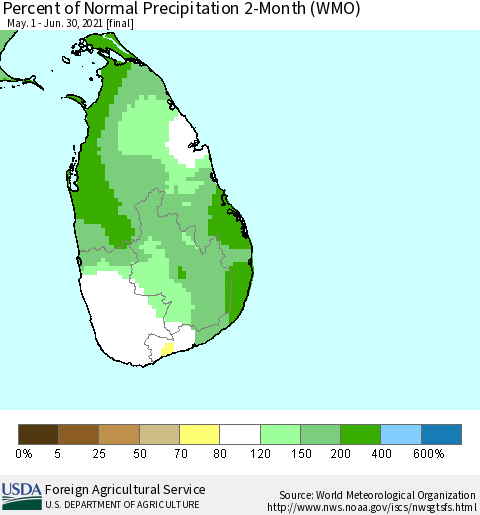 Sri Lanka Percent of Normal Precipitation 2-Month (WMO) Thematic Map For 5/1/2021 - 6/30/2021