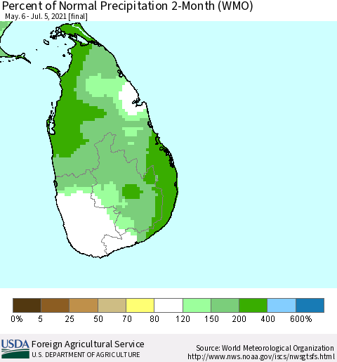Sri Lanka Percent of Normal Precipitation 2-Month (WMO) Thematic Map For 5/6/2021 - 7/5/2021