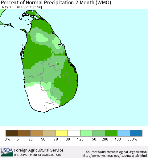 Sri Lanka Percent of Normal Precipitation 2-Month (WMO) Thematic Map For 5/11/2021 - 7/10/2021