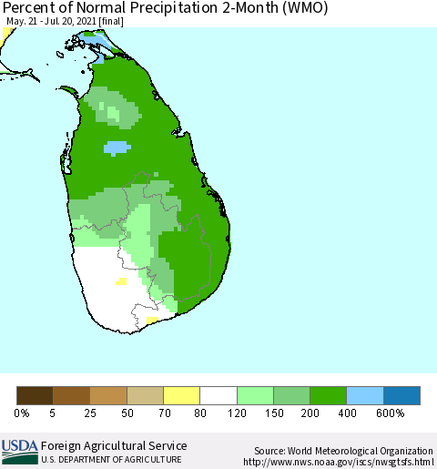Sri Lanka Percent of Normal Precipitation 2-Month (WMO) Thematic Map For 5/21/2021 - 7/20/2021
