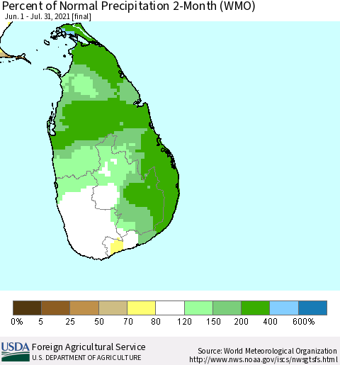 Sri Lanka Percent of Normal Precipitation 2-Month (WMO) Thematic Map For 6/1/2021 - 7/31/2021