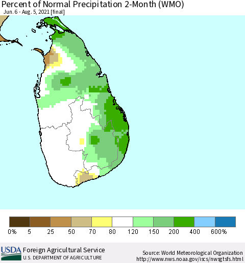 Sri Lanka Percent of Normal Precipitation 2-Month (WMO) Thematic Map For 6/6/2021 - 8/5/2021