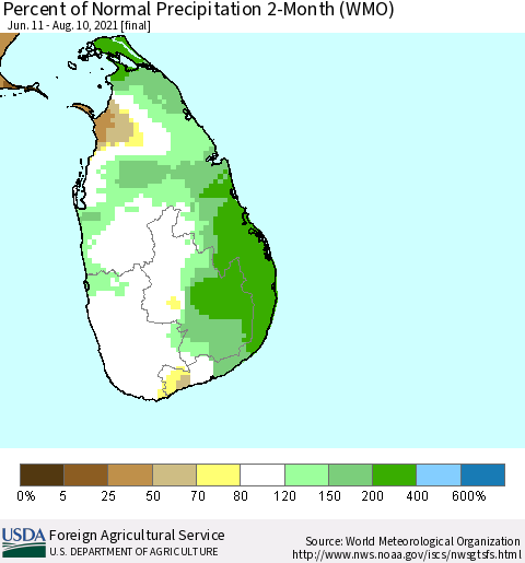 Sri Lanka Percent of Normal Precipitation 2-Month (WMO) Thematic Map For 6/11/2021 - 8/10/2021