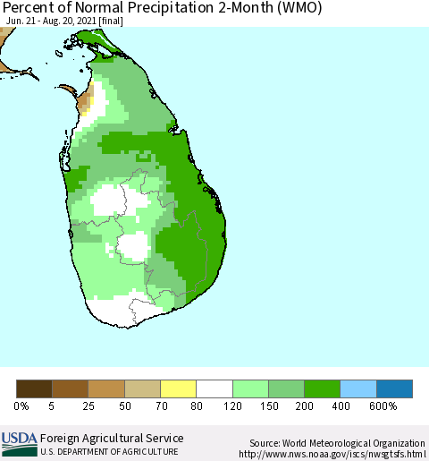 Sri Lanka Percent of Normal Precipitation 2-Month (WMO) Thematic Map For 6/21/2021 - 8/20/2021