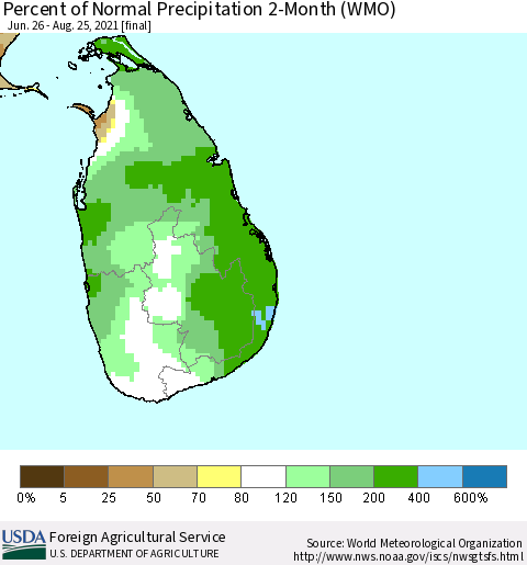 Sri Lanka Percent of Normal Precipitation 2-Month (WMO) Thematic Map For 6/26/2021 - 8/25/2021