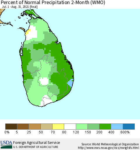 Sri Lanka Percent of Normal Precipitation 2-Month (WMO) Thematic Map For 7/1/2021 - 8/31/2021