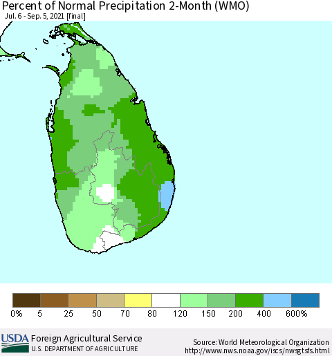 Sri Lanka Percent of Normal Precipitation 2-Month (WMO) Thematic Map For 7/6/2021 - 9/5/2021