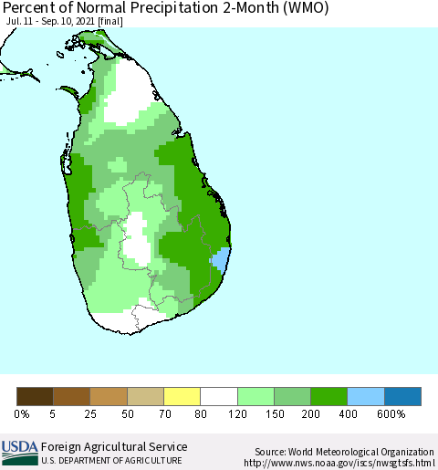Sri Lanka Percent of Normal Precipitation 2-Month (WMO) Thematic Map For 7/11/2021 - 9/10/2021