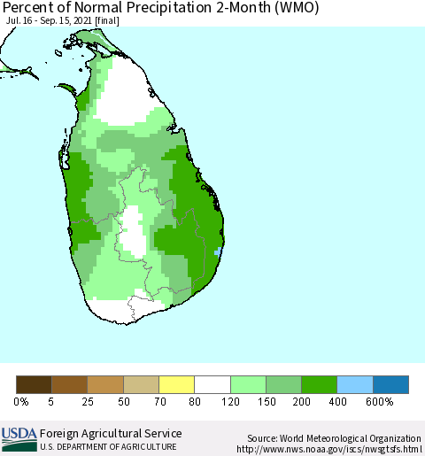 Sri Lanka Percent of Normal Precipitation 2-Month (WMO) Thematic Map For 7/16/2021 - 9/15/2021