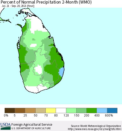Sri Lanka Percent of Normal Precipitation 2-Month (WMO) Thematic Map For 7/21/2021 - 9/20/2021