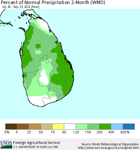Sri Lanka Percent of Normal Precipitation 2-Month (WMO) Thematic Map For 7/26/2021 - 9/25/2021