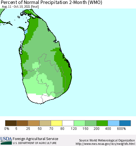 Sri Lanka Percent of Normal Precipitation 2-Month (WMO) Thematic Map For 8/11/2021 - 10/10/2021