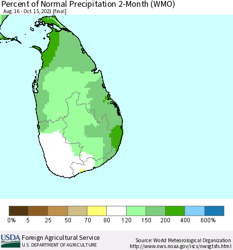 Sri Lanka Percent of Normal Precipitation 2-Month (WMO) Thematic Map For 8/16/2021 - 10/15/2021
