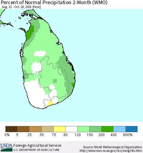 Sri Lanka Percent of Normal Precipitation 2-Month (WMO) Thematic Map For 8/21/2021 - 10/20/2021