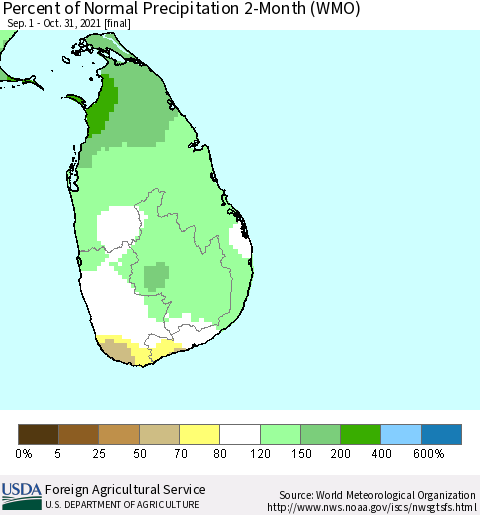 Sri Lanka Percent of Normal Precipitation 2-Month (WMO) Thematic Map For 9/1/2021 - 10/31/2021