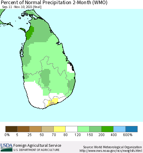 Sri Lanka Percent of Normal Precipitation 2-Month (WMO) Thematic Map For 9/11/2021 - 11/10/2021