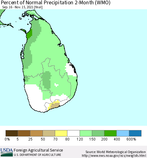 Sri Lanka Percent of Normal Precipitation 2-Month (WMO) Thematic Map For 9/16/2021 - 11/15/2021